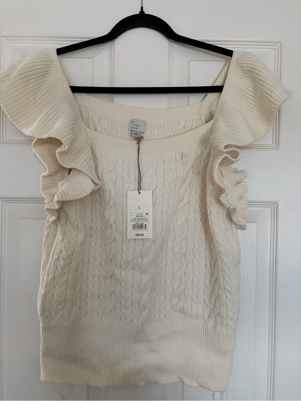 a new day Cream Ruffled Cable Knit Off-Shoulder Sweater Tank